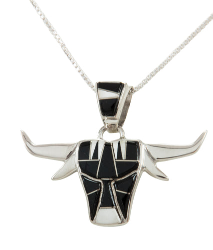 Navajo Native American White Agate and Jet Steer Head Pendant Necklace by Calvin Begay SKU231908