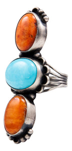 Navajo Native American Orange Shell and Turquoise Ring Size 7 by Kevin Willie SKU232079