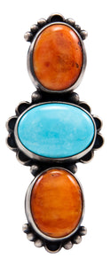 Navajo Native American Orange Shell and Turquoise Ring Size 7 by Kevin Willie SKU232079