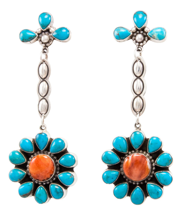 Navajo Native American Kingman Turquoise and Spiny Oyster Shell Earrings by Delgarito SKU232389
