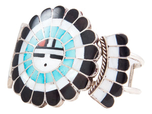 Zuni Native American Turquoise Coral Inlay Sunface Bracelet by Massie SKU232723