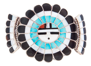 Zuni Native American Turquoise Coral Inlay Sunface Bracelet by Massie SKU232723
