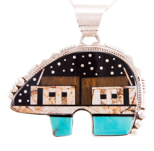 Navajo Native American Turquoise Jet Inlay Bear Pendant Necklace by Ray Jack SKU232822
