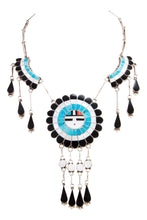 Load image into Gallery viewer, Zuni Native American Turquoise Inlay Sunface Necklace and Earrings SKU232995