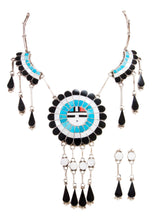 Load image into Gallery viewer, Zuni Native American Turquoise Inlay Sunface Necklace and Earrings SKU232995