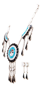 Zuni Native American Turquoise Inlay Sunface Necklace and Earrings SKU232995