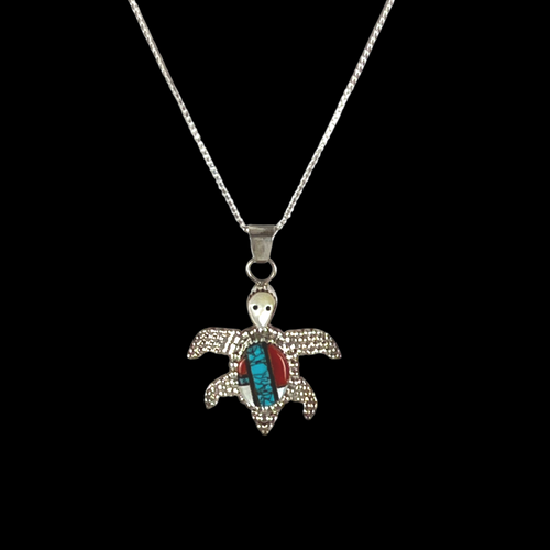 Zuni Native American Turquoise Inlay Turtle Pendant Necklace by Haloo SKU 233069