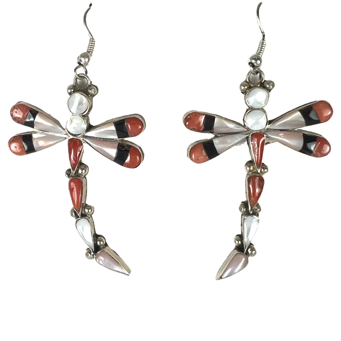 Zuni Native American Coral and Shell Dragonfly Earrings by Ahiyite  SKU232806