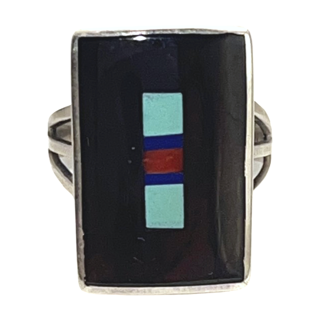 Zuni Native American Jet and Turquoise Inlay Ring Size 7 3/4   SKU230506